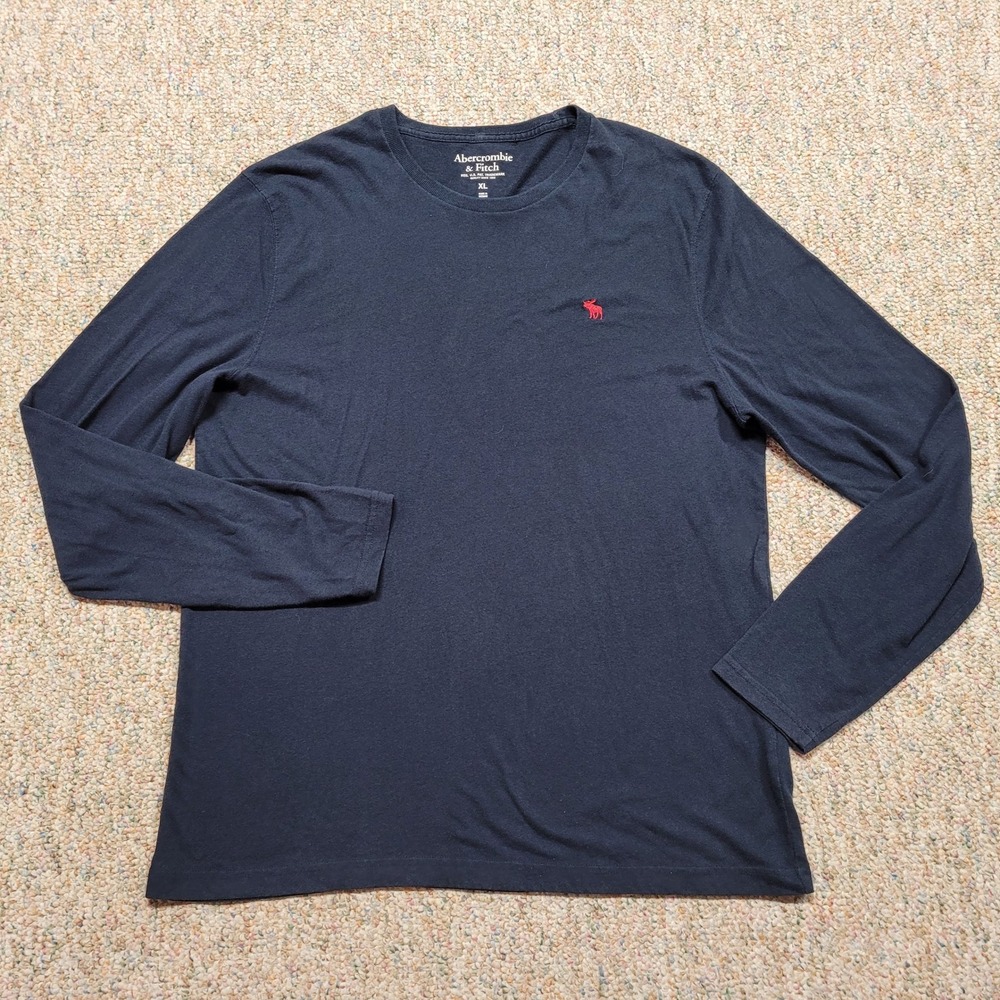 Abercrombie & Fitch Shirt Mens XL Navy Blue Long Sleeve Crewneck Moose Logo